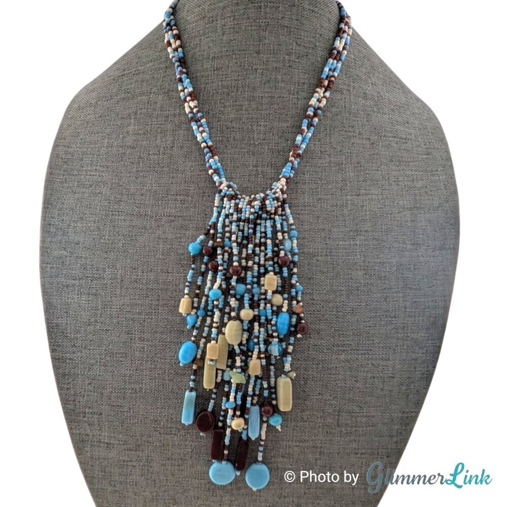Bohemian Glass Seed Bead Fringe Bib Necklace Blue Brown Stone Chips